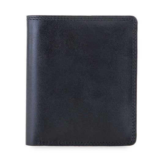 Smooth midnight blue leather bi-fold wallet with neatly stitched edges and a soft matte finish, displayed closed against a white background. 