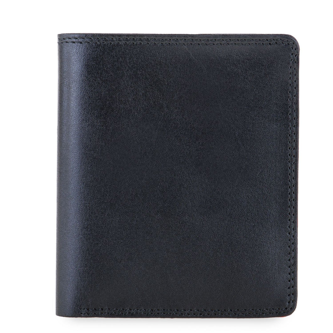 Smooth midnight blue leather bi-fold wallet with neatly stitched edges and a soft matte finish, displayed closed against a white background. 