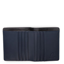 Load image into Gallery viewer, Open midnight blue leather wallet featuring three vertical card slots on each side and a bill compartment alone the top edge, displayed flat against a white background. 