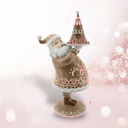 Pink Gingerbread Santa Holding a Cake