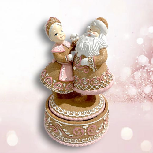 Pink Gingerbread Santa Couple Music Box