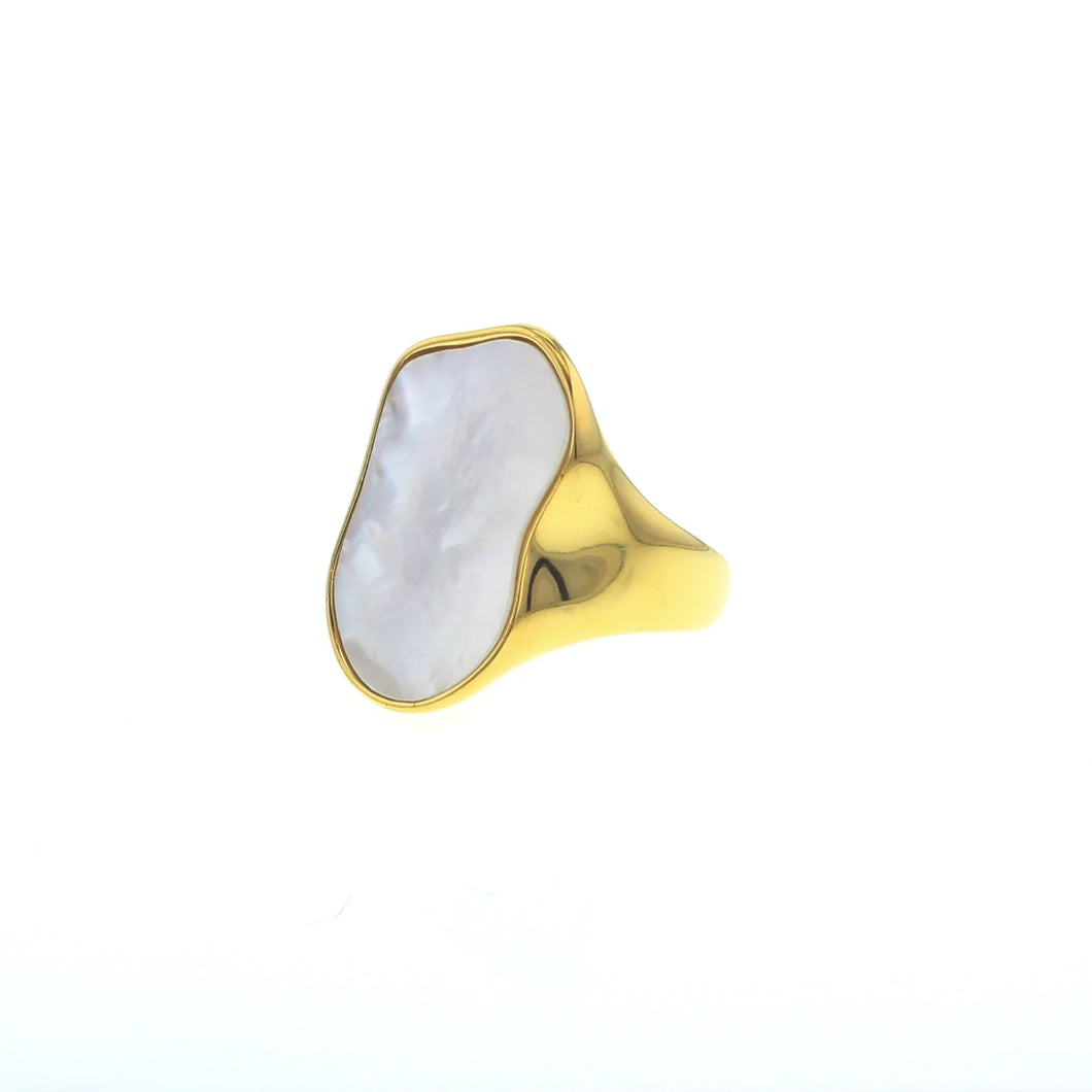 Gold-plated ring with an organic-shaped Mother-of-Pearl face, positioned at a slight angle on a white background.
