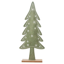 Load image into Gallery viewer, Green felt Christmas tree with white embroidered star details, standing upright on a rectangular wooden base against a white background. 
