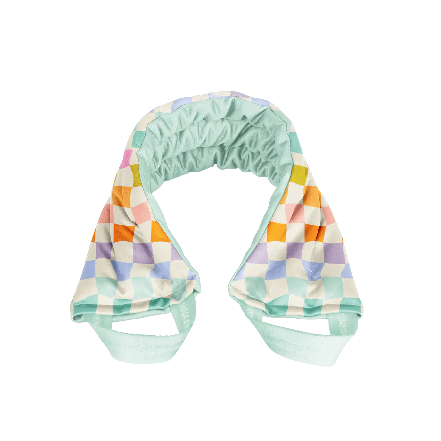 Weighted neck wrap in a rainbow-checkered pattern featuring blue, lavender, orange, pink, and white squares with light blue straps, displayed on a black and gray background. 