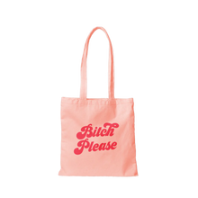 Load image into Gallery viewer, Light pink tote bag with &quot;Bitch Please&quot; in pink text on a gray and black checkered  background.