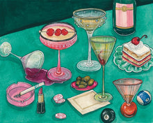 Load image into Gallery viewer, Close-up of an art print featuring illustrated cocktails, olives, makeup items, and a dessert on a teal background.
