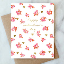 Load image into Gallery viewer, Hand-painted Valentine's Day card with pink and red floral clusters with small gold heart accents, featuring gold script text that reads "happy valentine's day."