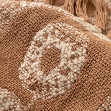 Load image into Gallery viewer, Close-up of a brown cotton throw blanket with a textured woven white marigold floral design and brown fringe trim.