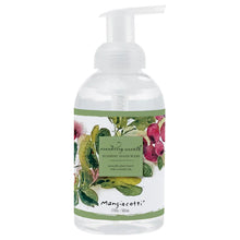 Load image into Gallery viewer, Clear pump bottle of "Cranberry Wreath" foaming hand wash by Mangiacotti with a red and green botanical illustration of cranberry sprigs on the label, displayed against a white background.