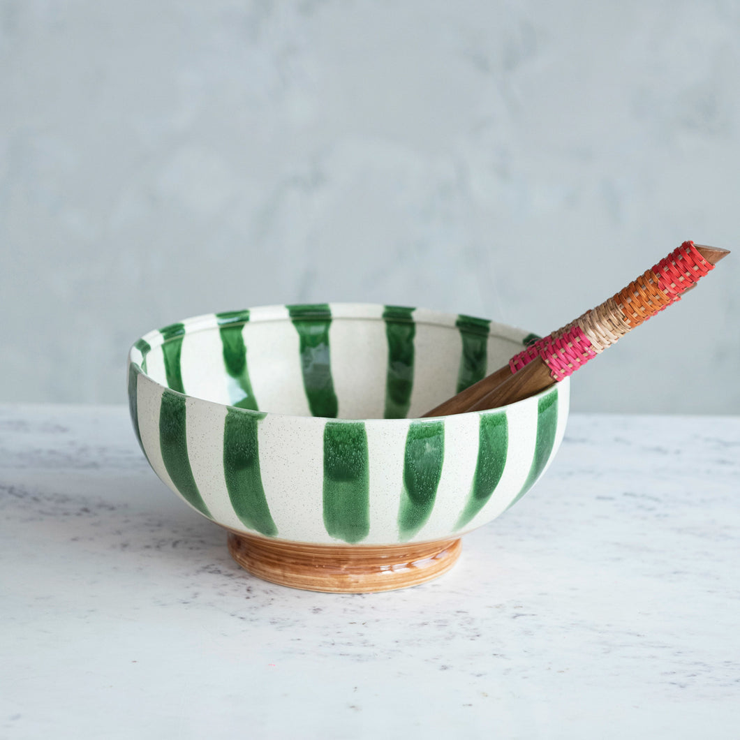Green Striped Stoneware Bowl