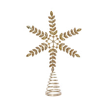 Load image into Gallery viewer, Decorative gold jeweled tree topper with a snowflake design on a coiled spring base, displayed against a white background.