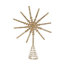 Load image into Gallery viewer, Decorative gold jeweled tree topper with a starburst design on a coiled spring base, displayed against a white background.