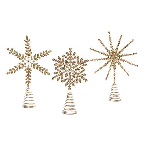 Three decorative gold jeweled tree toppers in starburst and snowflake designs, each on a coiled spring base, displayed against a white background. 