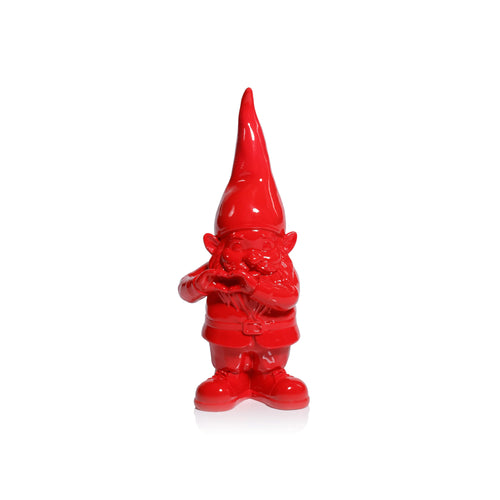 Glossy red gnome figurine making a heart-shaped hand gesture, displayed on a white background. 