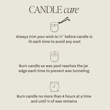 Load image into Gallery viewer, Candle care instructions with illustrations on a beige background.