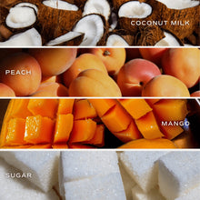 Load image into Gallery viewer, Fragrance notes display featuring coconut milk, fresh peaches, mango slices, and sugar crystals.