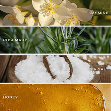 Load image into Gallery viewer, Fragrance notes display featuring jasmine blossoms, rosemary sprigs, sea salt crystals, and honey. 
