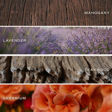 Load image into Gallery viewer, Fragrance notes display featuring mahogany wood, lavender flowers, teakwood grain, and geranium blooms. 
