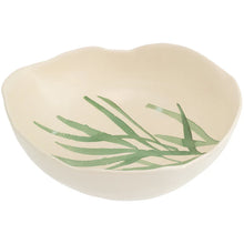 Load image into Gallery viewer, Cream stoneware bowl with organic shape and green leaf and stem design inside.