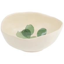 Load image into Gallery viewer, Cream stoneware bowl with organic shape and a green leaf design inside. 