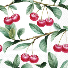 Load image into Gallery viewer, Paper cocktail napkin with red cherry and green leaf botanical pattern on a white background. 