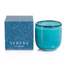 Load image into Gallery viewer, Serena St. Barth double-wick candle in translucent aqua blue glass container with darker rim, beside branded Serena St. Barth box, displayed on a white background. 