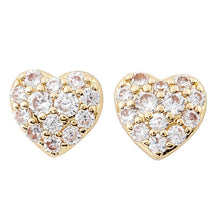 Load image into Gallery viewer, Gold-plated heart stud earrings with pavé-set clear stones displayed on a white background.