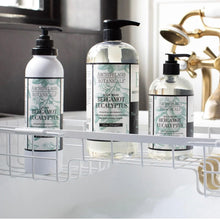 Load image into Gallery viewer, Archipelago Botanicals Bergamot Eucalyptus body wash in a clear bottle with a black pump, displayed on a white wire shower shelf with matching Bergamot Eucalyptus products. 