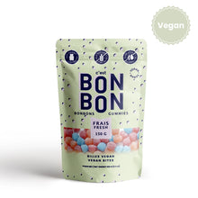Load image into Gallery viewer, C'est Bon Bon Vegan Bites gummies pouch with yellow packaging and tan polka dots, colorful candy bites visible through window on a white background. 