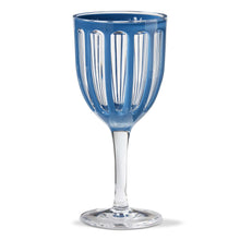 Load image into Gallery viewer, Villa BPA-free acrylic wine glass in blue denim hue with clear vertical ribbed design and clear steam on a white background. 