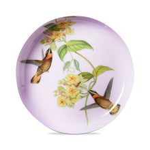 Load image into Gallery viewer, Vintage-style round metal trinket dish with soft purple background featuring illustrated hummingbirds and small yellow flowers on a green vine with leaves, displayed on a white background.