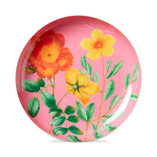 Load image into Gallery viewer, Vintage-style round metal trinket dish with pink background featuring illustrated orange and yellow flowers with green leaves, displayed on a white background. 