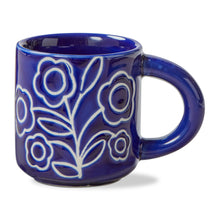 Load image into Gallery viewer, Zoey stoneware espresso cup in deep blue with white floral line design and matching blue handle, displayed on a white background.