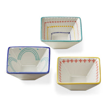 Load image into Gallery viewer, Square stoneware Geo dish with blue, yellow, and teal rims featuring clean lines, shown on a white background.