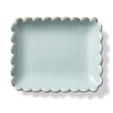 Load image into Gallery viewer, Light blue glazed ceramic scalloped rectangular trinket dish displayed on a white background.