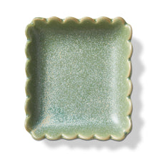 Load image into Gallery viewer, Light green square trinket dish with scalloped edges and reactive glaze, displayed on a white background. 