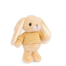 Load image into Gallery viewer, Bouncy Bunny soft yellow plushie with long floppy ears, white muzzle, and yellow and white striped shirt standing on a white background.