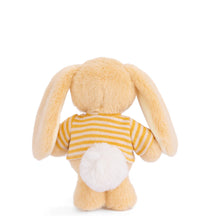 Load image into Gallery viewer, Back view of Bouncy Bunny soft yellow plushie with long floppy ears, yellow and white striped shirt, and a white round fluffy tail displayed on a white background.