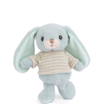 Load image into Gallery viewer, Bouncy Bunny soft blue plushie with long floppy ears, white muzzle, and blue and white striped shirt displayed standing on a white background.