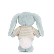 Load image into Gallery viewer, Back view of Bouncy Bunny soft pastel blue plushie with long floppy ears, light blue and white striped shirt, and a white round fluffy tail displayed on a white background.