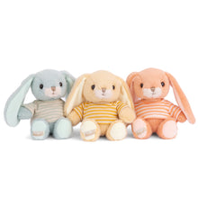 Load image into Gallery viewer, Bouncy Bunny plushies in pastel blue, yellow, and peach with long floppy ears and striped shirts displayed seated on a white background.  