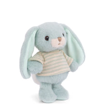 Load image into Gallery viewer, Bouncy Bunny soft pastel blue plushie with long floppy ears, white muzzle, and light blue and white striped shirt displayed a white background.