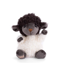 Load image into Gallery viewer, Sheep plushie with wooly black fleece, gray face and hooves, small tan nose, and soft white rounded woolly body displayed seated on a white background. 