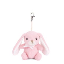 Load image into Gallery viewer, Pink plush bunny bag charm with floppy ears, white ear interiors, white muzzle, beige nose, pink ribbon, and silver lobster clasp clip, displayed on a white background.