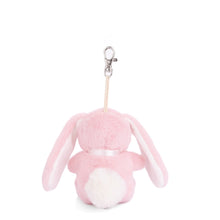 Load image into Gallery viewer, Back view of pink plush bag charm with floppy ears, white round fluffy tail, and silver lobster clasp clip, displayed on a white background.