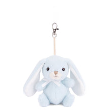 Load image into Gallery viewer, Light blue plush bunny bag charm with floppy ears, white ear interiors, white muzzle, beige nose, white ribbon bow, and silver lobster clasp clip, displayed on a white background.