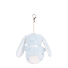Load image into Gallery viewer, Back view of light blue plush bunny bag charm with floppy ears, white round fluffy tail, and silver lobster clasp clip, displayed on a white background.