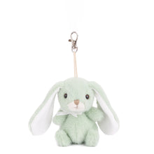 Load image into Gallery viewer, Lime green plush bunny bag charm with floppy ears, white ear interiors, white muzzle, beige nose, white ribbon bow, and silver lobster clasp clip, displayed on a white background. 
