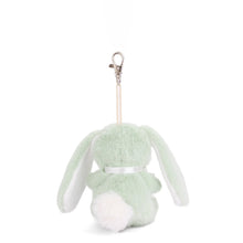 Load image into Gallery viewer, Back view of lime green plush bunny bag charm with floppy ears, white round fluffy tail, and silver lobster clasp clip, displayed on a white background.
