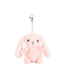 Load image into Gallery viewer, Peach plush bunny bag charm with floppy ears, black eyes, beige nose, pink ribbon bow, and silver lobster clasp clip, displayed on a white background. 